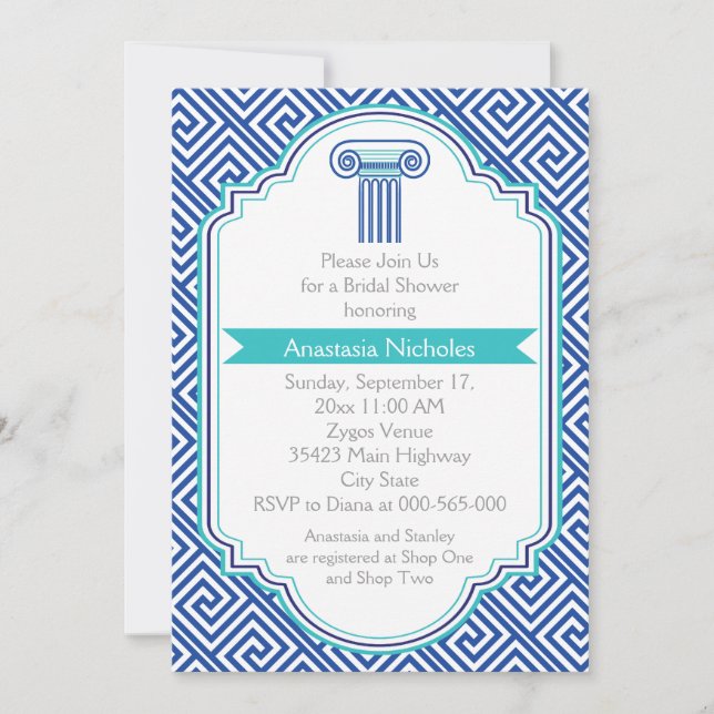 Greek key & blue column wedding bridal shower invitation (Front)