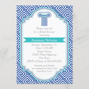 Greek key & blue column wedding bridal shower invitation