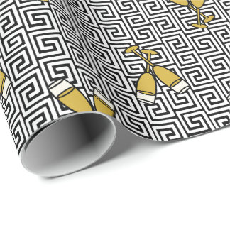 Greek Key Celebration Toast - Gold, Black & White Wrapping Paper