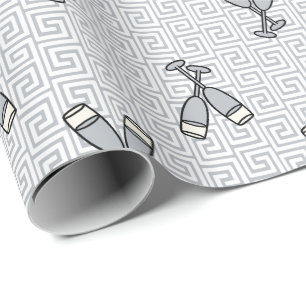 Greek Key Celebration Toast - Silver & White Wrapping Paper