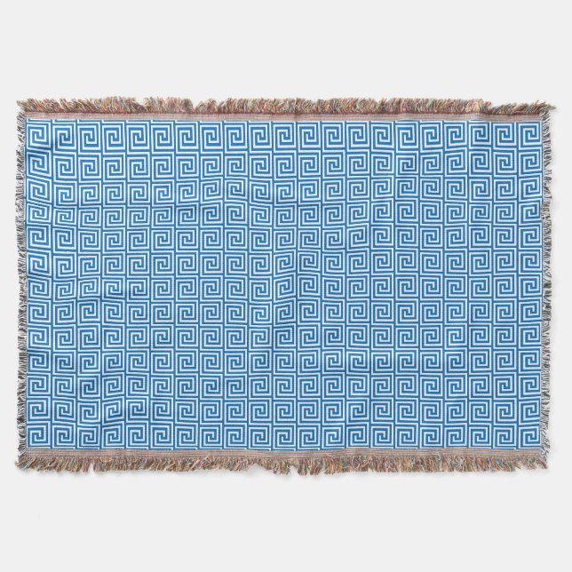 Greek Key, cerulean blue and white Throw Blanket (Front)