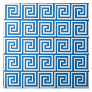 Greek Key, cerulean blue and white Tile