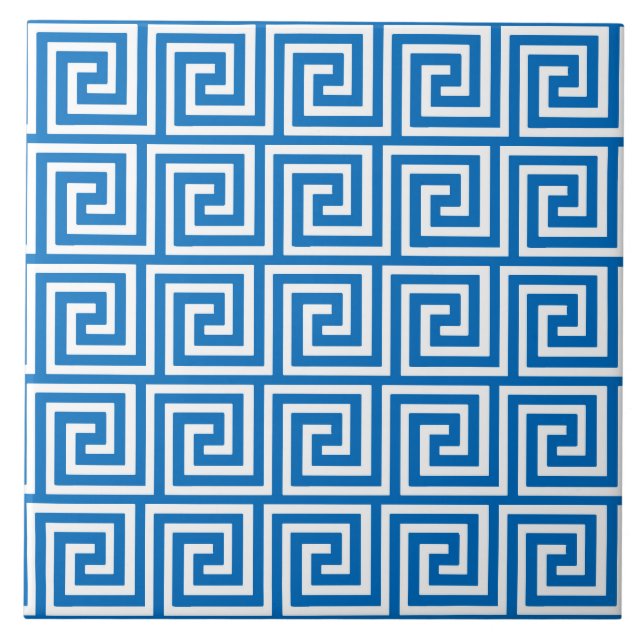 Greek Key, cerulean blue and white Tile (Front)