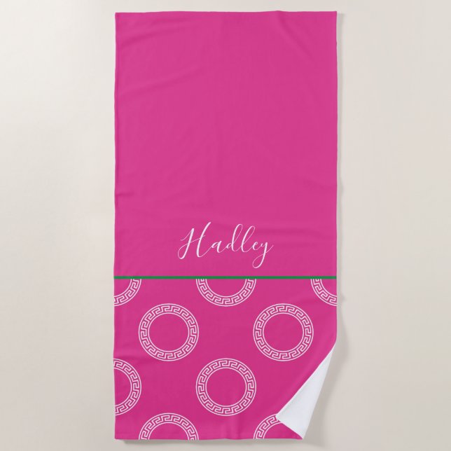Greek Key Circles NAME College Sorority Pink Fun Beach Towel (Front)