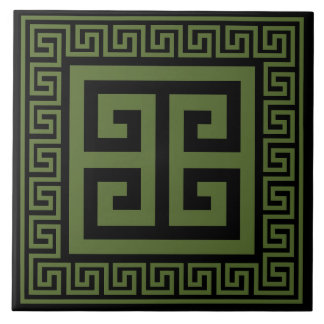 Greek Key Dark Olive Green On Black Ceramic Tile