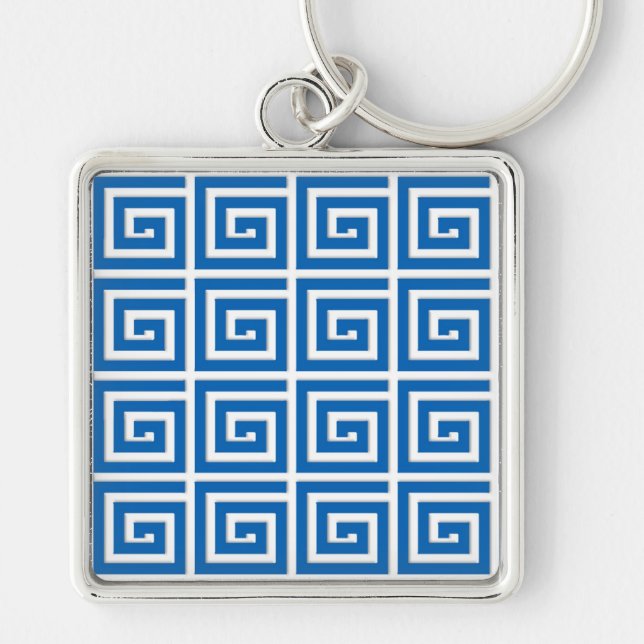 Greek Key design - blue and white enamel look Key Ring (Front)