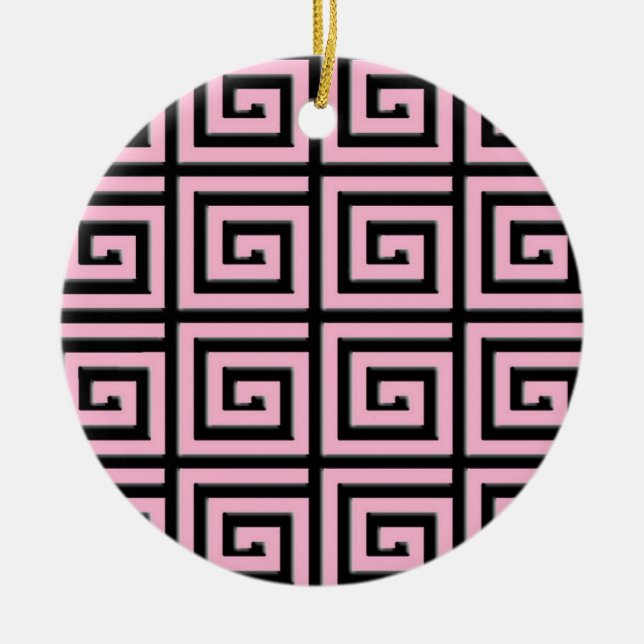 Greek Key design - pink and black Ceramic Tree Decoration (Front)