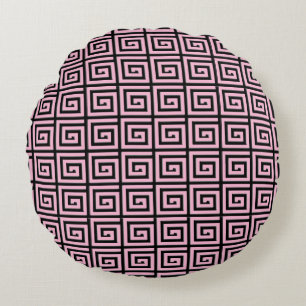 Greek Key design - pink and black Round Cushion