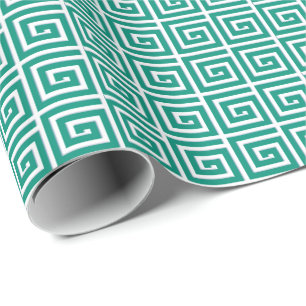 Greek Key design - teal and white enamel look Wrapping Paper