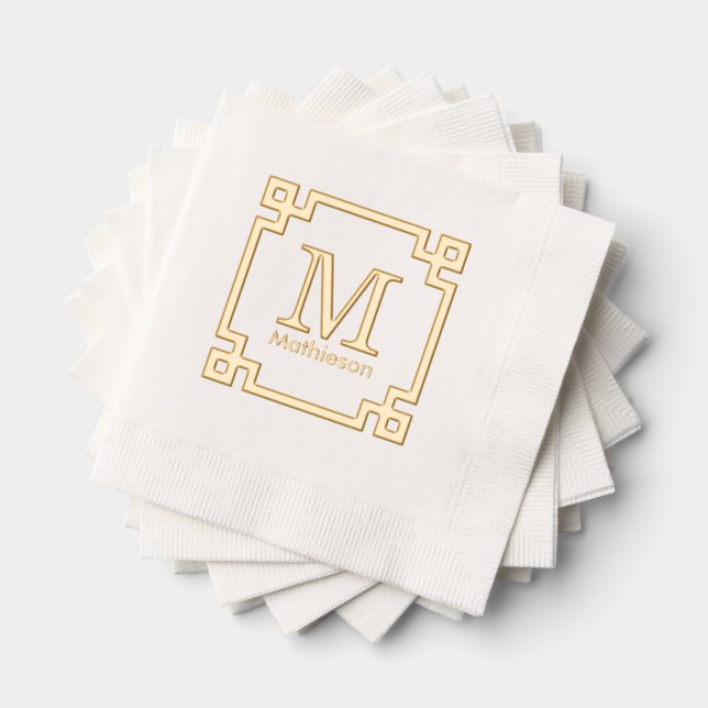 Greek Key Framed Initial Name Monogram Foil Napkins (Insitu (Stacked))
