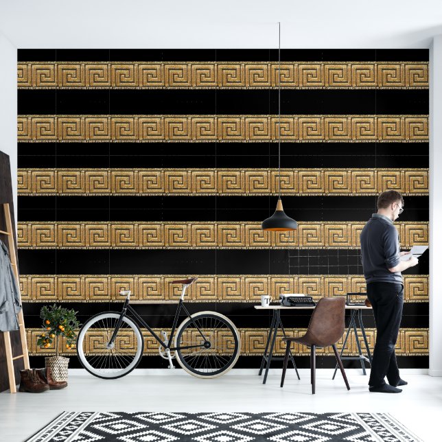 Greek Key Gold on Black Designer  Wallpaper (Living Room)
