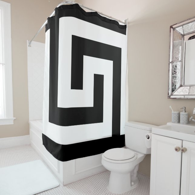 Greek Key in Black White Simple Modern Shower Curtain (In Situ)