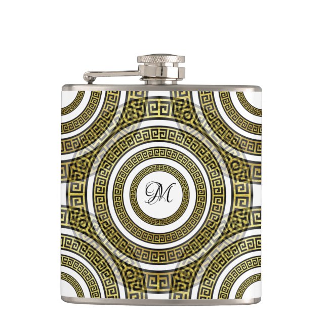 Greek Key Meander in Geometric Symmetry Monogram Hip Flask (Front)
