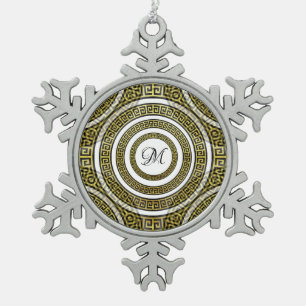 Greek Key Meander in Geometric Symmetry Monogram Snowflake Pewter Christmas Ornament