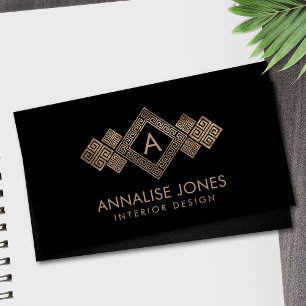 Greek Key Meander Monogram Gold on Black Business Card