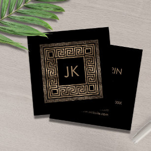 Greek Key Meander Monogram Gold on Black Square Business Card