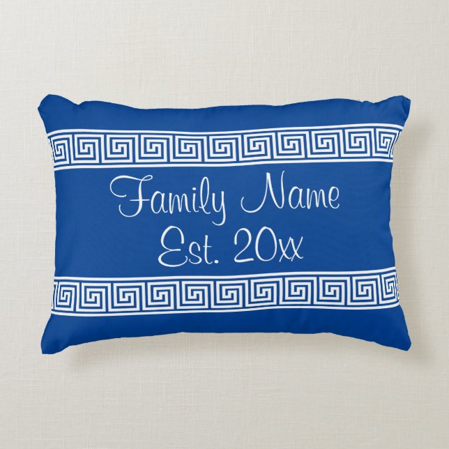 Greek key meander pattern custom family name decorative cushion (Front)