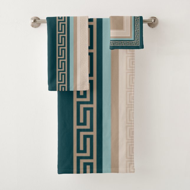 Greek Key - Meander - Taupe and Green  Bath Towel Set (Insitu)