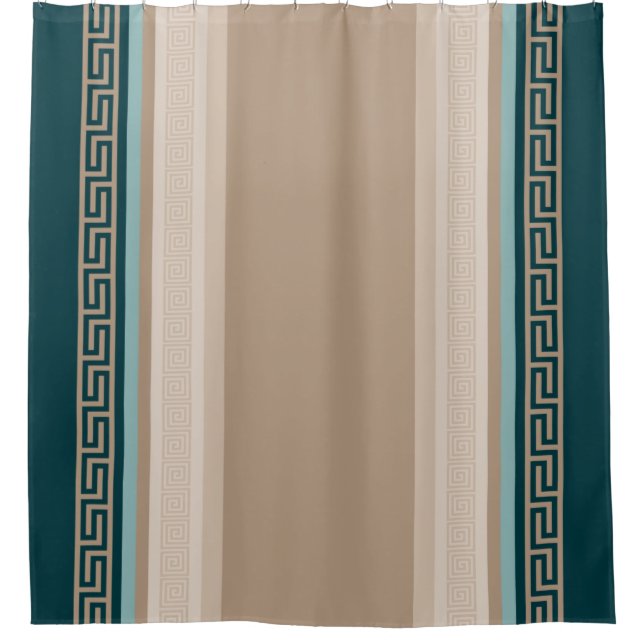 Greek Key - Meander - Taupe and Green Shower Curtain (Front)