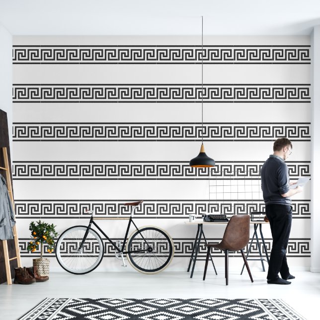Greek Key Minimalist Black on White Designer Wallpaper (Living Room)