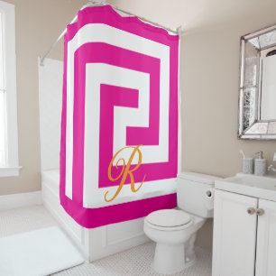 Greek Key Monograms Hot Pink Orange White Patterns Shower Curtain