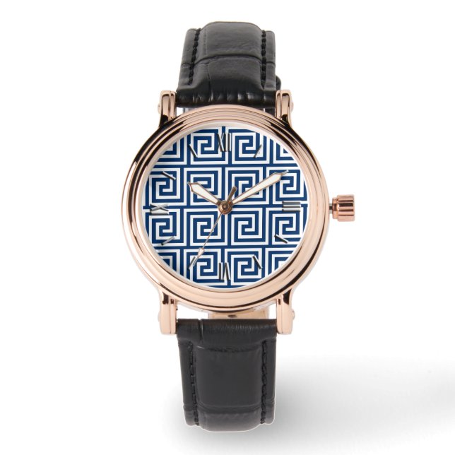 Greek Key, navy blue and white Watch