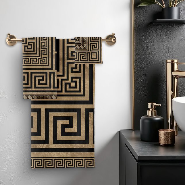 Greek Key Ornament - Greek Meander -Black on gold Bath Towel Set (Creator Uploaded)