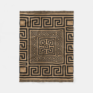 Greek Key Ornament - Greek Meander -Black on gold Fleece Blanket