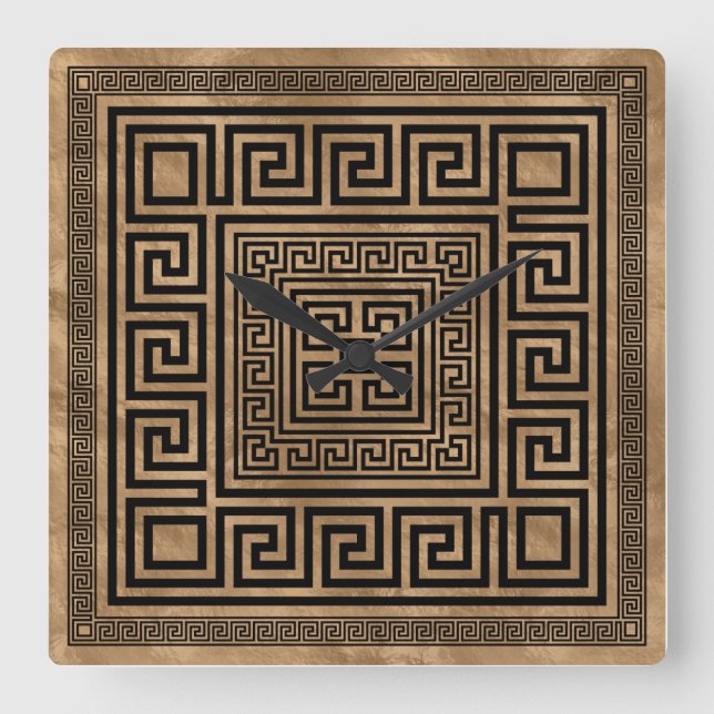 Greek Key Ornament - Greek Meander -Black on gold Square Wall Clock (Front)