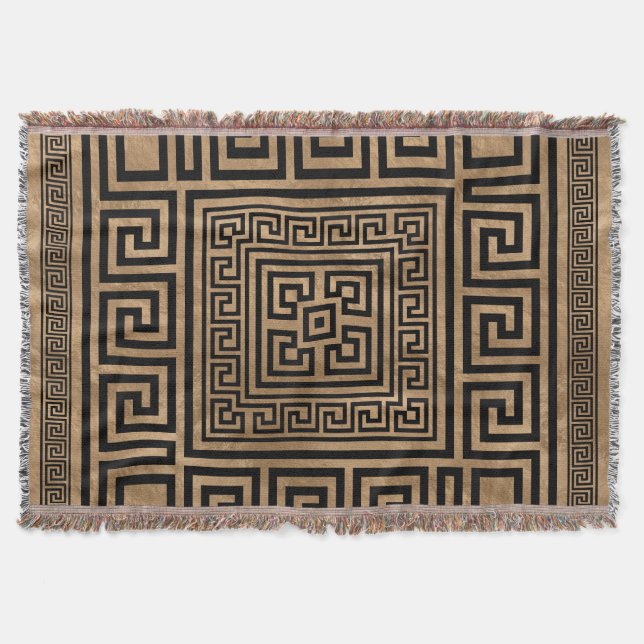 Greek Key Ornament - Greek Meander -Black on gold Throw Blanket (Front)