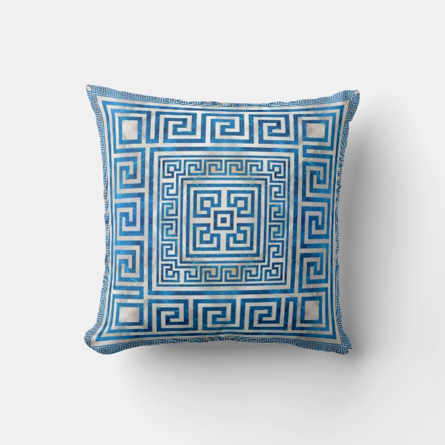 Greek Key Ornament - Greek Meander - Blue Marble Cushion (Front)