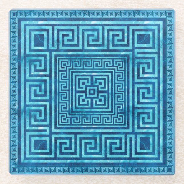 Greek Key Ornament - Greek Meander - Blue Marble Glass Coaster (Front)