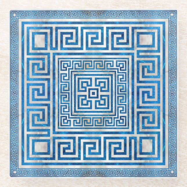 Greek Key Ornament - Greek Meander - Blue Marble Glass Coaster (Front)