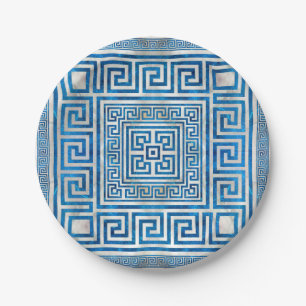Greek Key Ornament - Greek Meander - Blue Marble Paper Plate