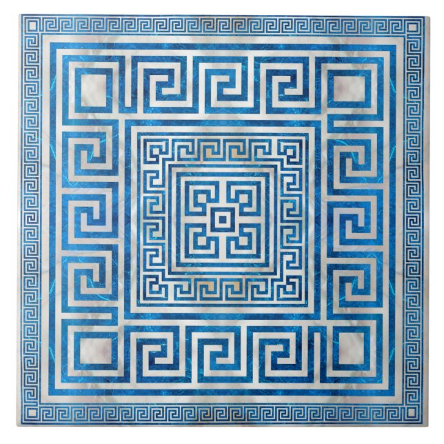 Greek Key Ornament - Greek Meander - Blue Marble Tile (Front)