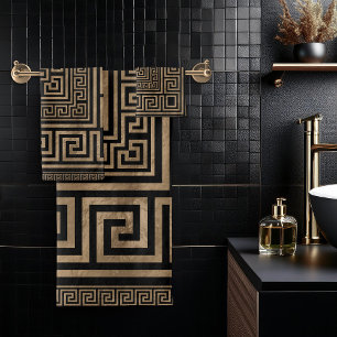 Greek Key Ornament - Greek Meander -Gold on Black Bath Towel Set