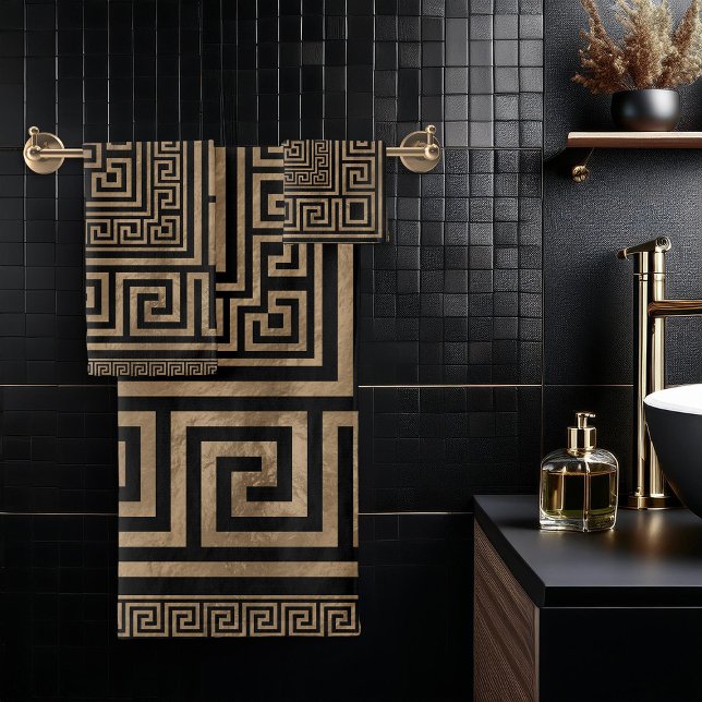 Greek Key Ornament - Greek Meander -Gold on Black Bath Towel Set (Creator Uploaded)