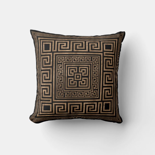 Greek Key Ornament - Greek Meander -Gold on Black Cushion (Front)