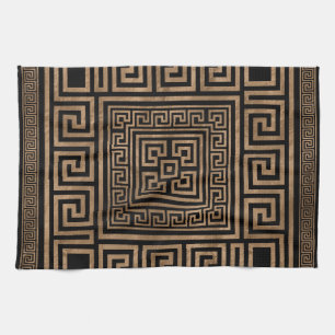Greek Key Ornament - Greek Meander -Gold on Black Tea Towel