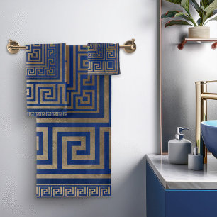 Greek Key Ornament - Greek Meander -gold on blue Bath Towel Set