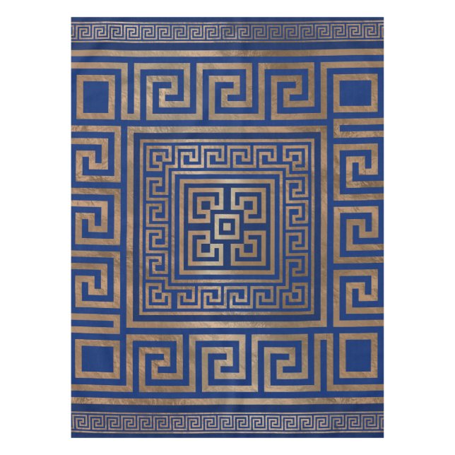 Greek Key Ornament - Greek Meander -gold on blue Tablecloth (Front)