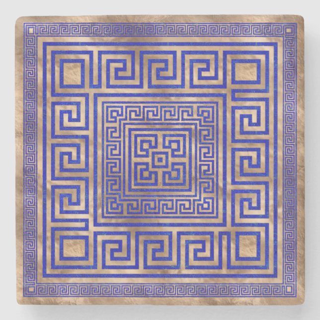 Greek Key Ornament - Lapis Lazuli and Gold Stone Coaster (Front)