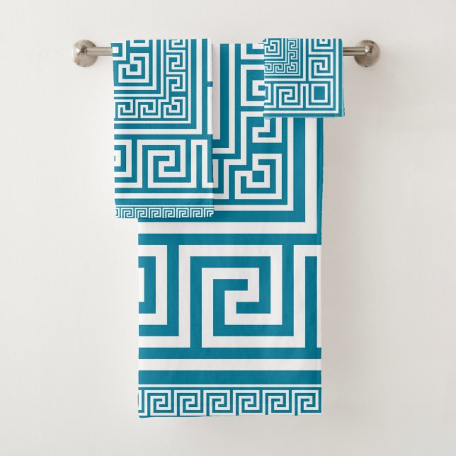 Greek Key Ornament - White on teal Bath Towel Set (Insitu)
