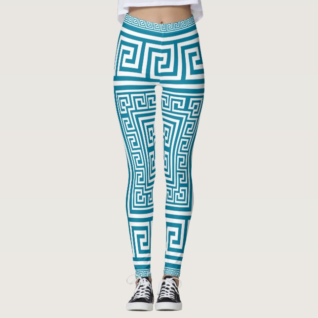 Greek Key Ornament - White on teal Leggings (Front)