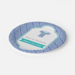 Greek key pattern and aqua blue column wedding paper plate