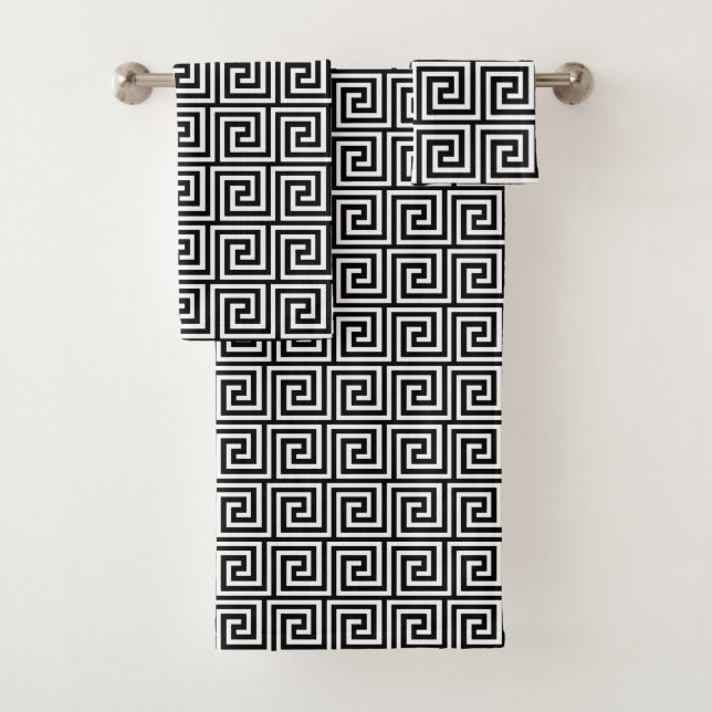 Greek Key Pattern, Black and White Bath Towel Set (Insitu)