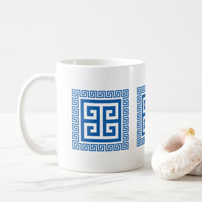 Greek Key Pattern Blue And White Design Coffee Mug (With Donut)