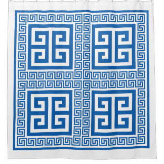 Greek Key Pattern Blue And White Shower Curtain