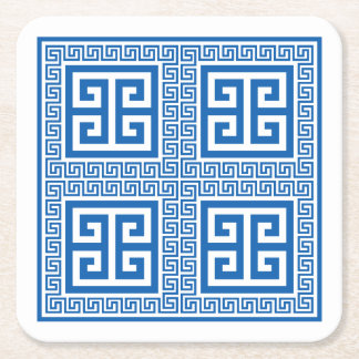 Greek Key Pattern Blue And White Square Paper Coaster