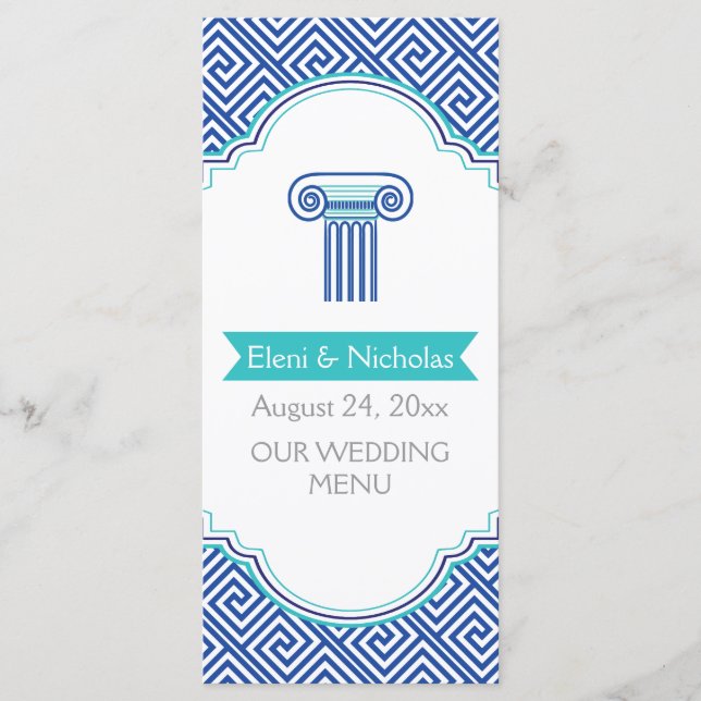 Greek key pattern & blue column wedding menu card (Front)
